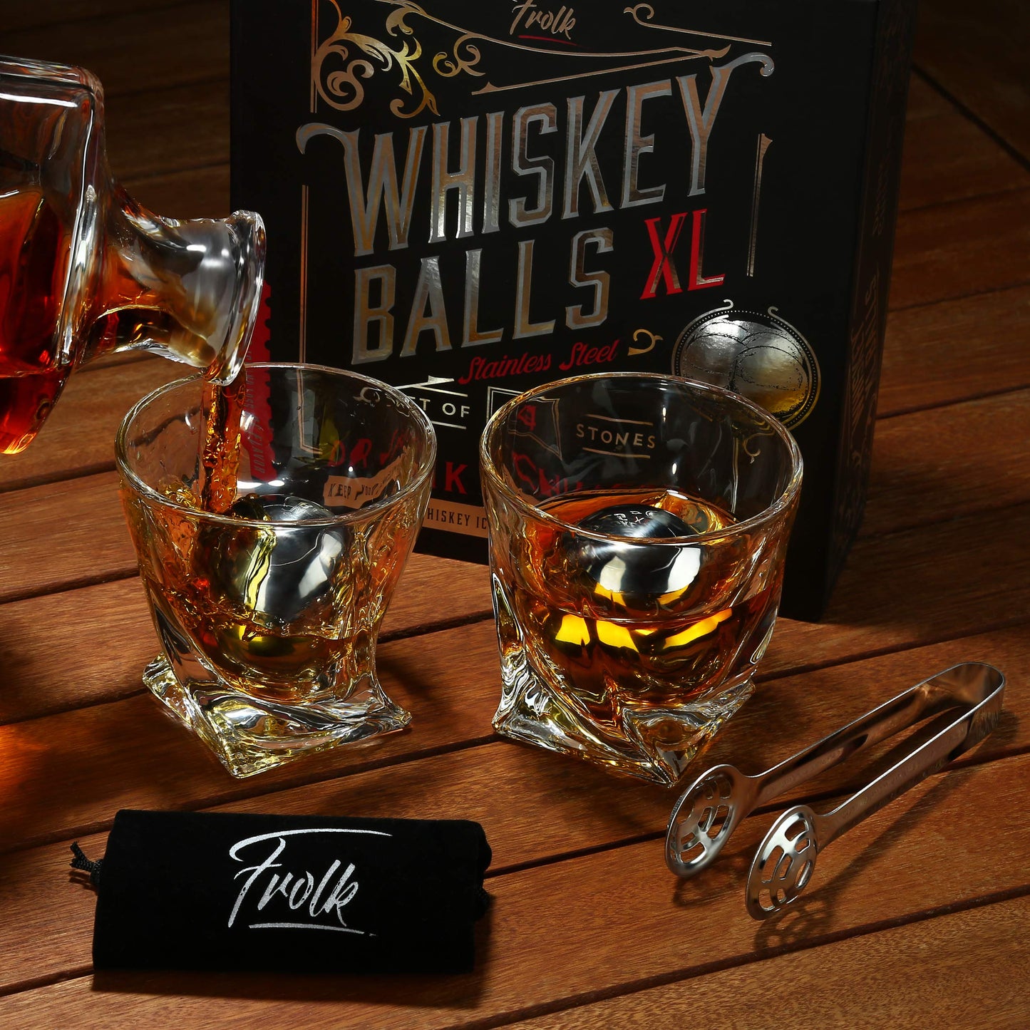 Gifts for Him - Men Dad Husband - 4 XL Stainless Steel Whisky Ice Balls, Special Tongs & Freezer Pouch in Luxury Gift Box for Whiskey Lovers!