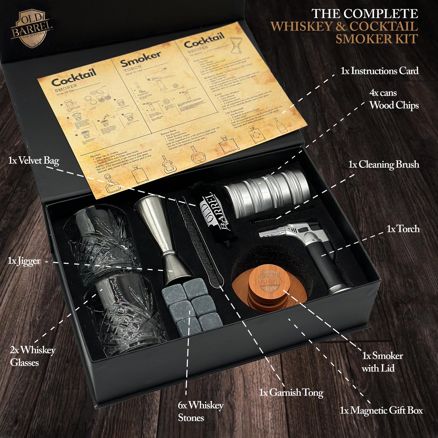 Premium Whiskey and Cocktail Smoker Kit with Torch - 4 Wood Chips - Old Fashioned Cocktail Kit - Perfect Bourbon Men Gifts Father's Day - Bourbon Smoker (Without Butane) (Medium)